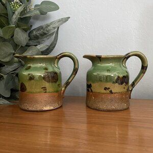 Vintage Farmhouse Set Of 2 Prt Glazed Stoneware Pitcher Jug Vase Green Rustic